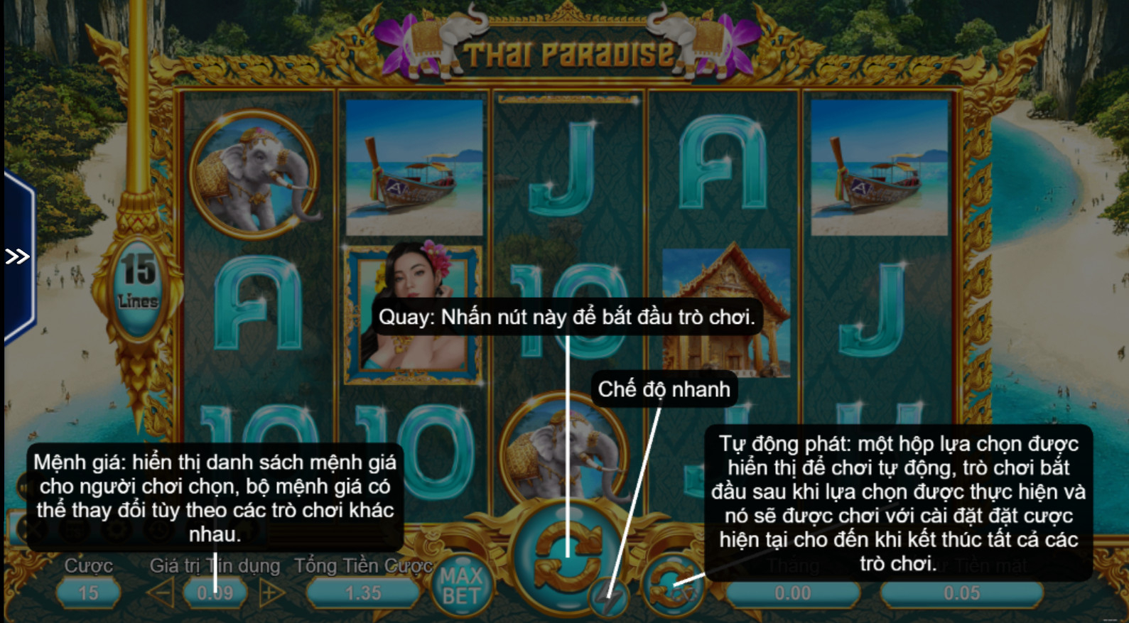 Thai Paradise SV66 - Game quay hũ chứa giá trị thưởng khủng 8 Bàn cược Thai Paradise cũng được chia làm 5 cột quay thưởng