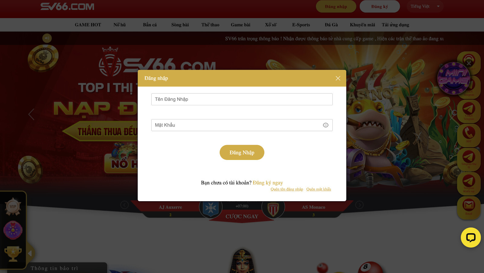 Đăng nhập vào tài khoản SV66 để tham gia chơi Cuối Năm 1+2 SV66