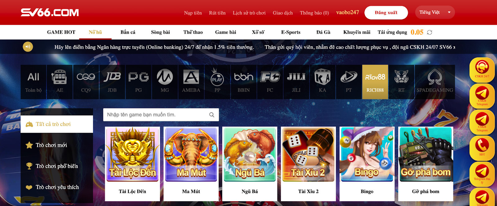 Sảnh game Rich88 Gaming tại nhà cái SV66